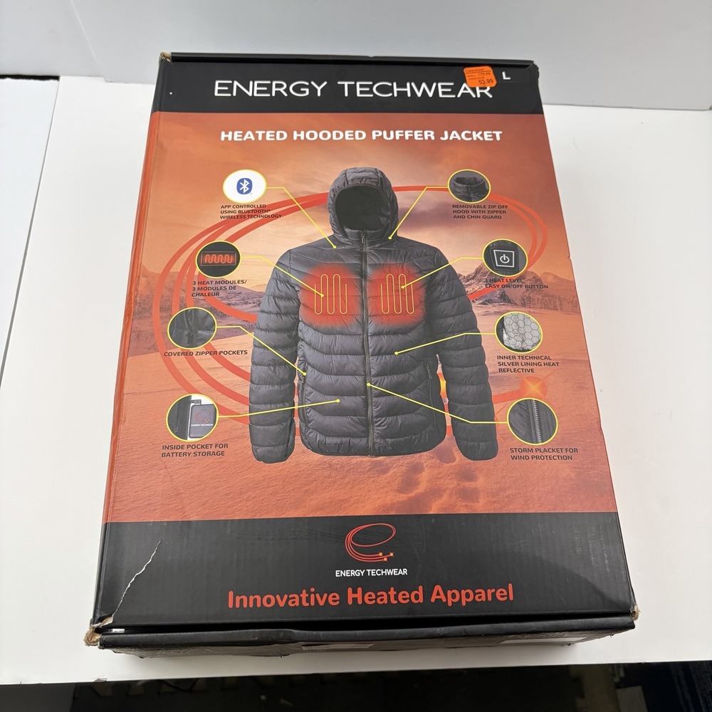 Energy Techwear Jacket Mens Large Black Heated Hooded Puffer K-2530 Bluetooth